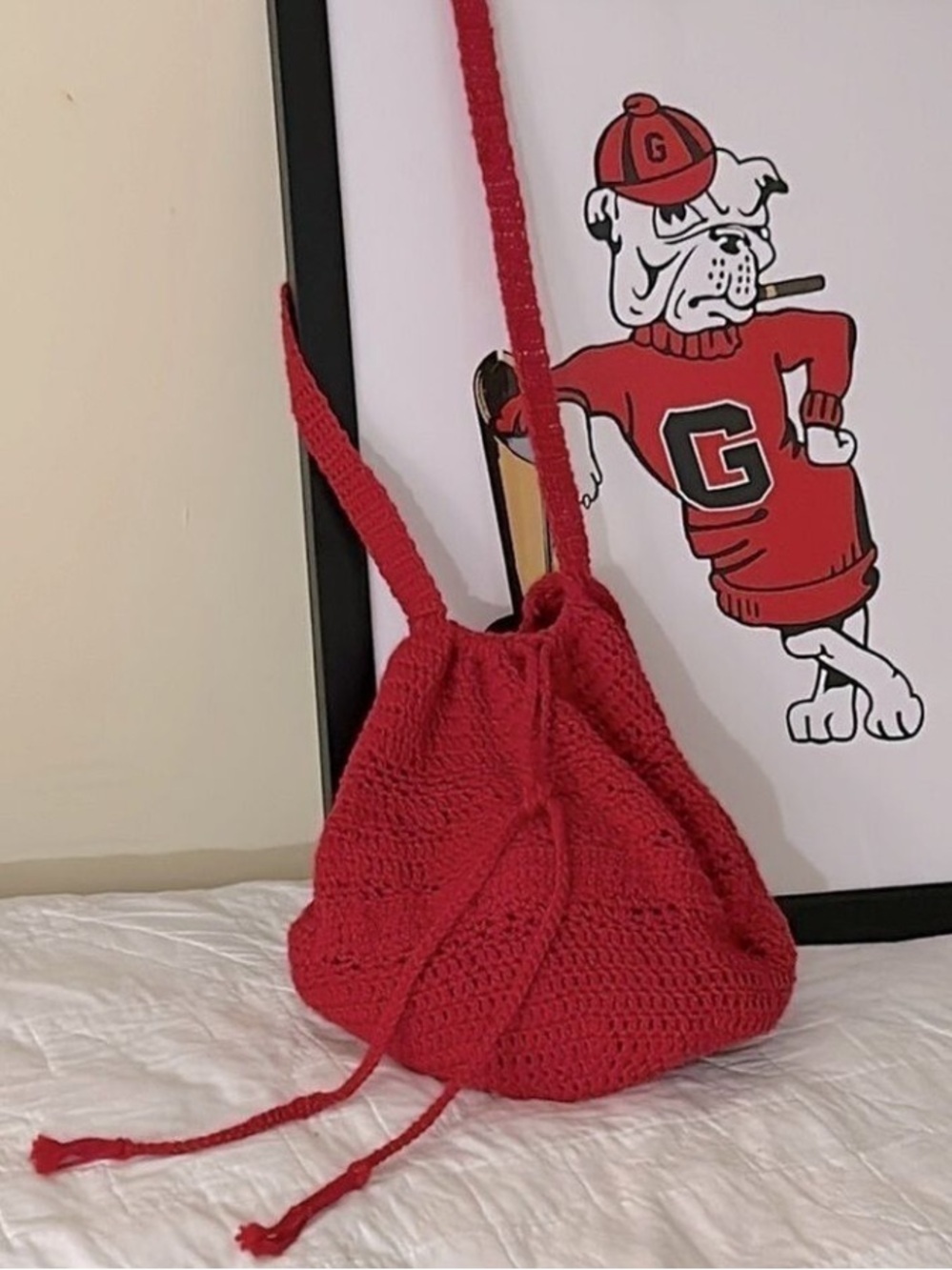 Red University Bag Large Cinch Top Shoulder Strap Organic Cotton Handmade New